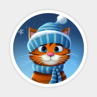 Winter Cat Girl With a Hat and Scarf in Winter Scenery Magnet